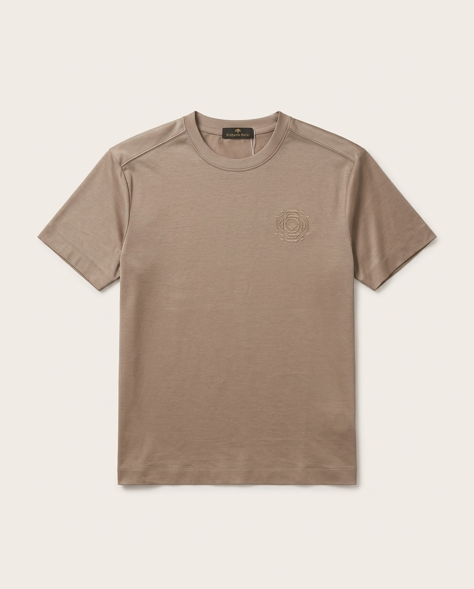 Stefano Ricci - Silk-Cotton T-Shirt in Taupe with Embroidered Octagon Logo