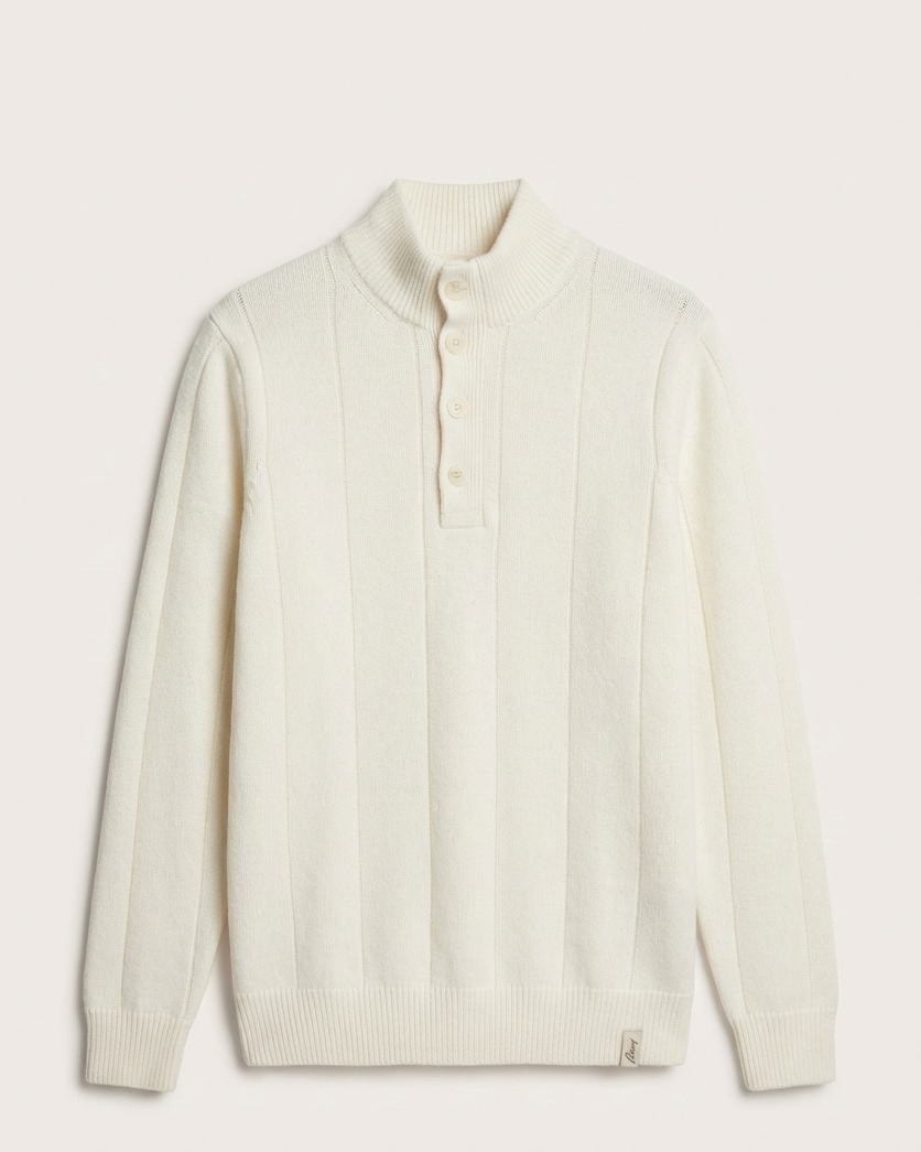 Brioni - White Ribbed Knit Quarter-Button Sweater