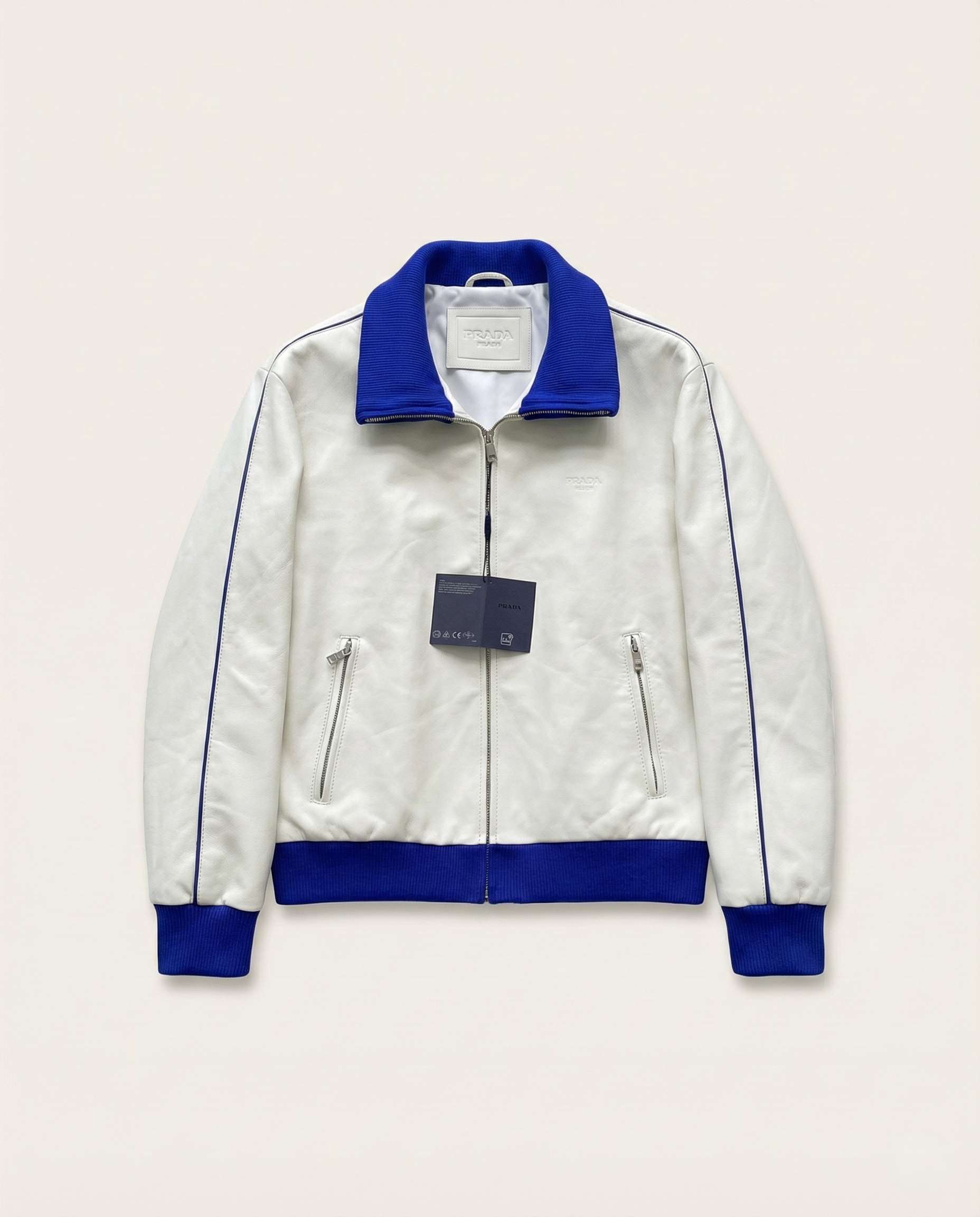 Prada - Men's White Nappa Leather Blouson Jacket with Contrast Blue Ribbed Trim