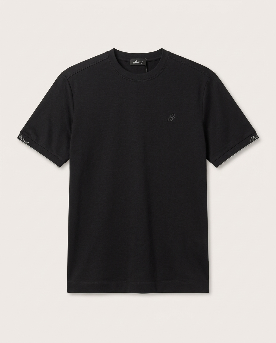 Brioni - Luxury Cotton-Jersey T-Shirt in Midnight Black with Script Logo Cuffs