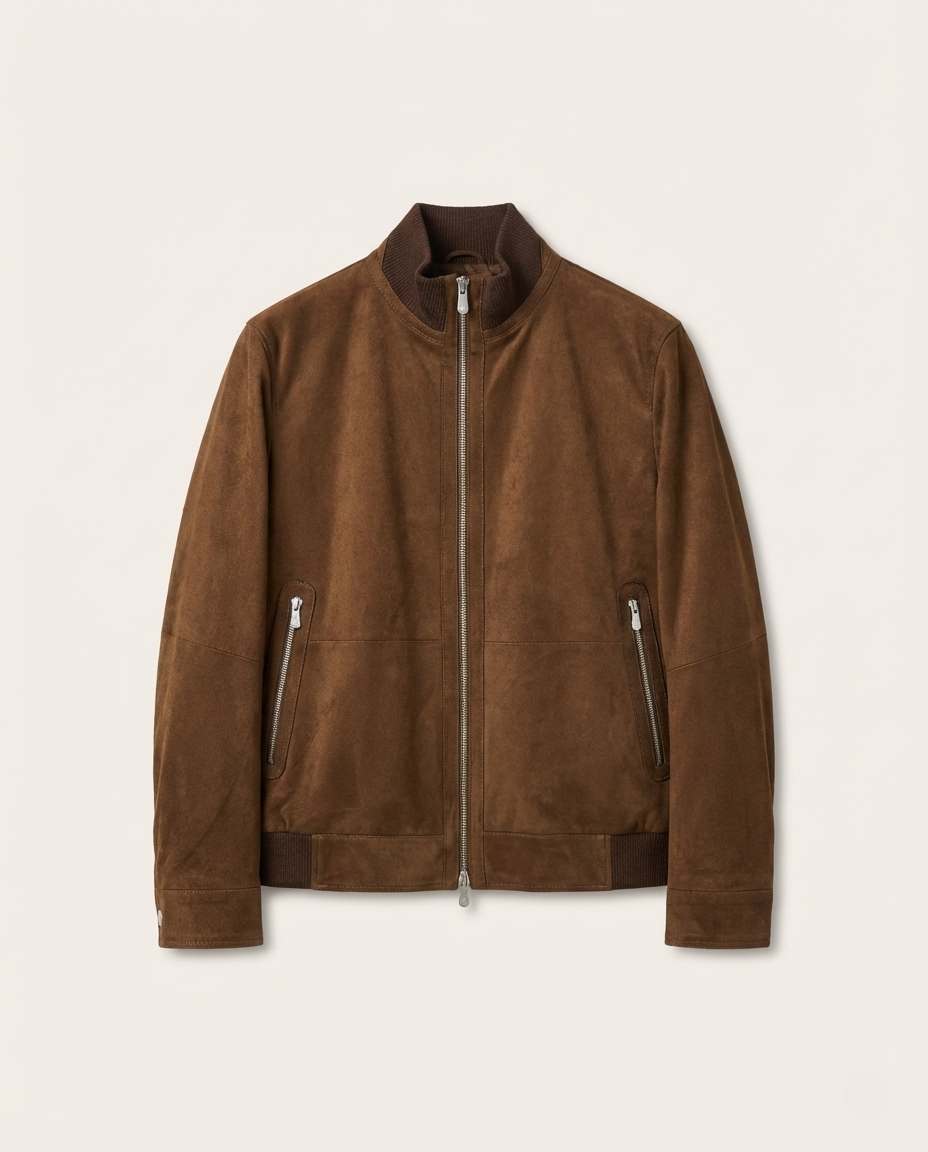 Brunello Cucinelli Suede & Knit Trim Bomber Jacket - Tobacco Brown