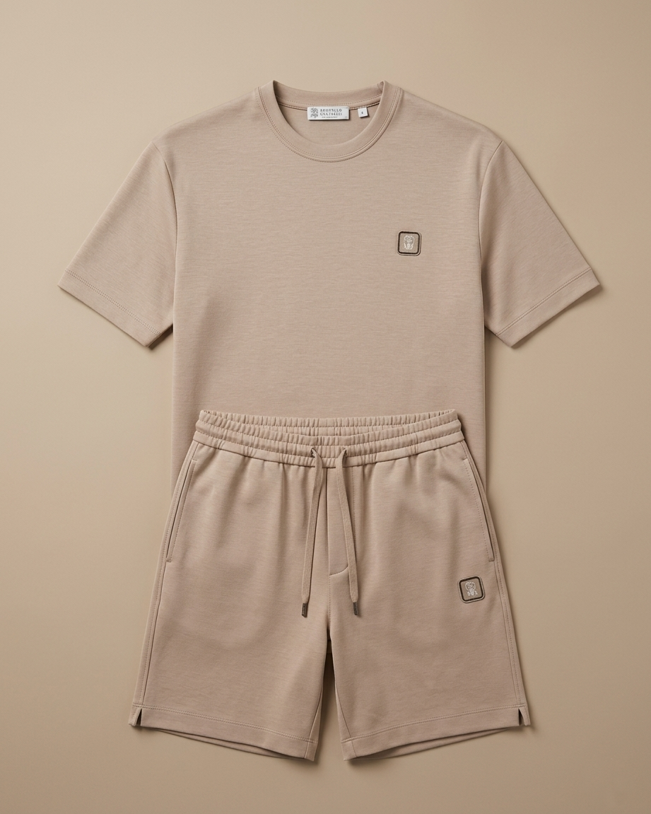 Brunello Cucinelli - Men’s Premium Cotton Jersey T-Shirt and Drawstring Shorts Set in Sand