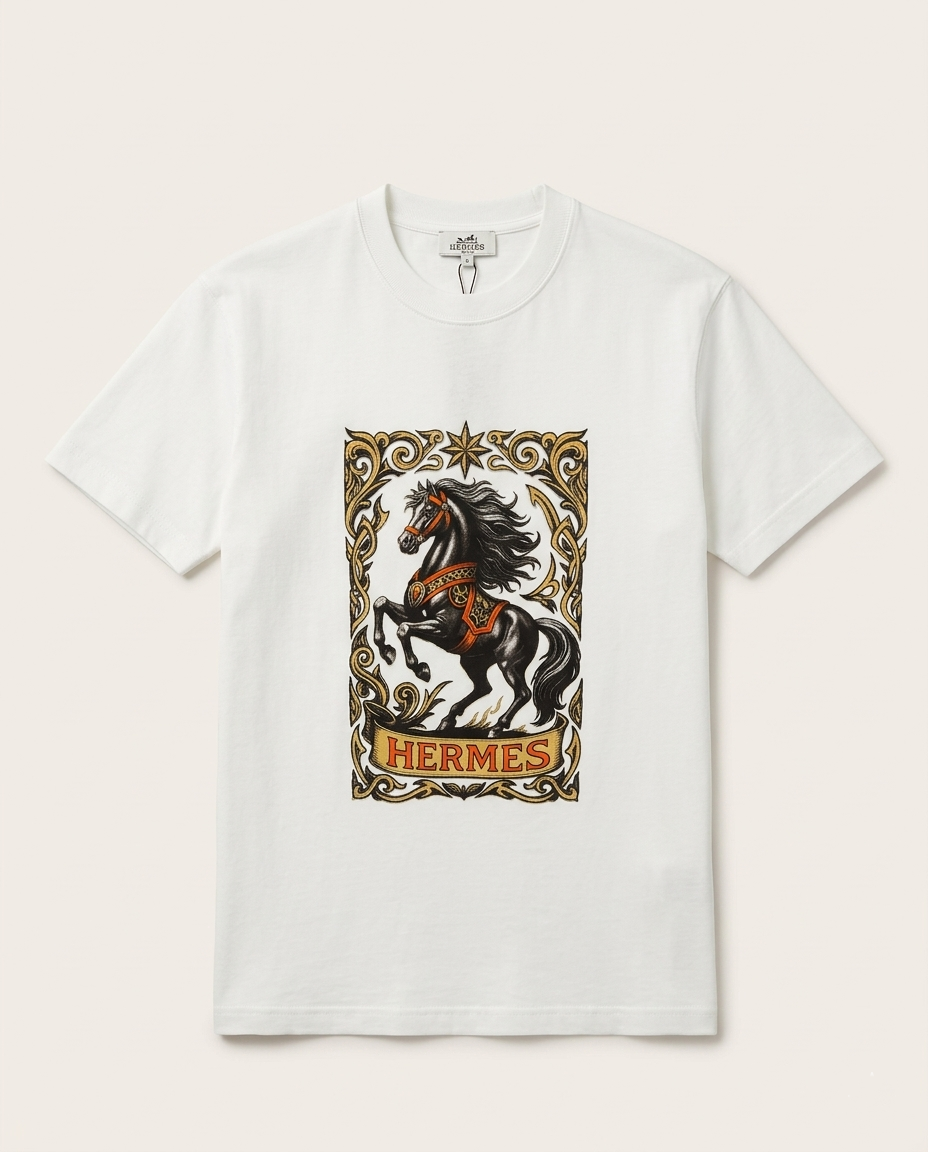Hermès - "Cavalerie d'Or" Graphic Cotton T-Shirt in Pristine White