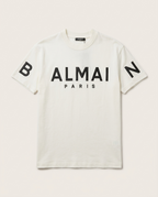 Balmain - Paris Logo Print Cotton T-Shirt in Off-White with Black Raised Lettering