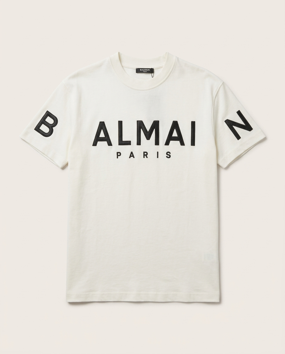 Balmain - Paris Logo Print Cotton T-Shirt in Off-White with Black Raised Lettering
