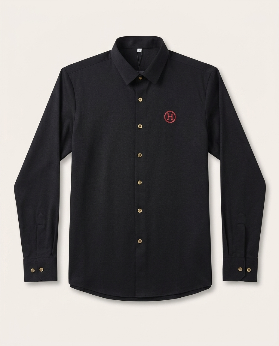 Hermès - Men's Premium Cotton Poplin Long-Sleeve Shirt with Embroidered "H" Circle Logo in Black