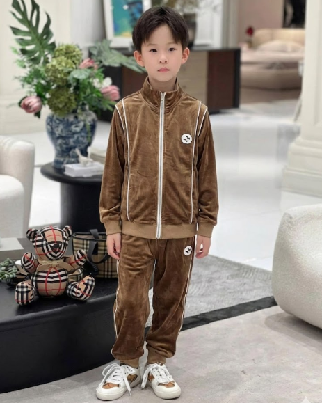 Gucci - Kids Brown Velvet GG Tracksuit Set with White Piping