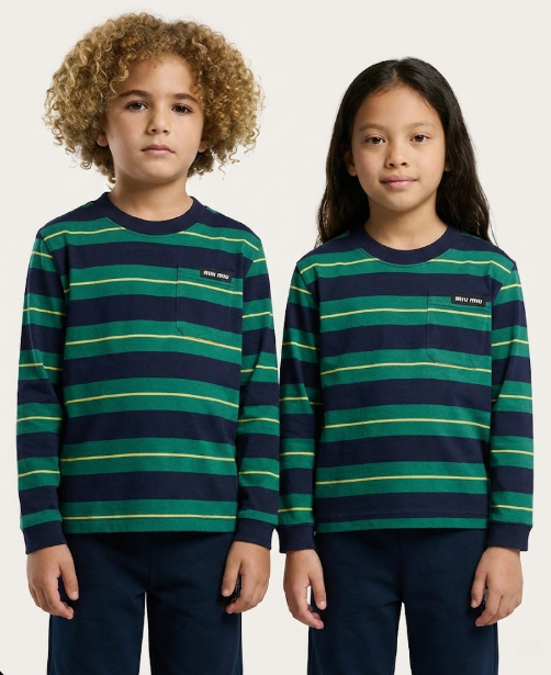 Miu Miu Kids - Striped Cotton T-Shirt with Logo Pocket
