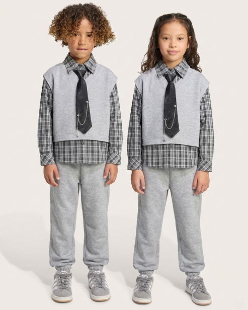 Kids Trendy Sweater Vest & Shirt Outfit w/ Chain Tie and Joggers - Grey