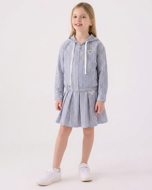 Prada Kids - Blue & White Striped Hooded Jacket & Pleated Skirt Set