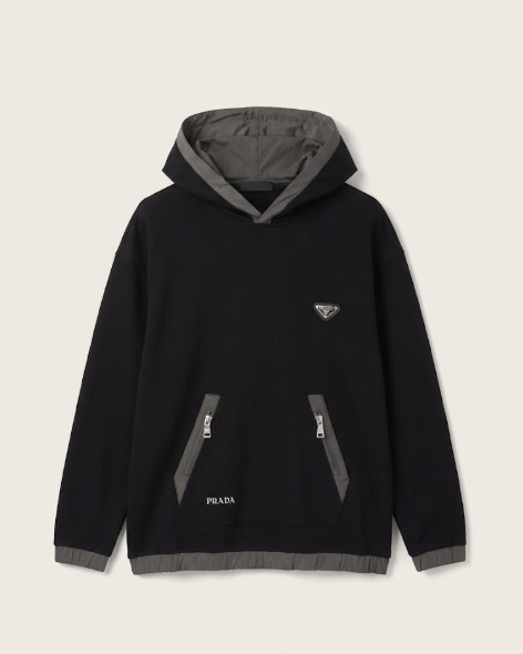 Prada - Black Cotton & Nylon Hoodie with Triangle Logo