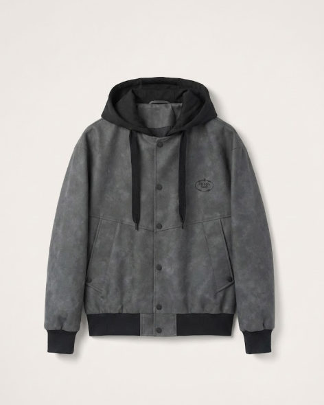 Prada - Dark Grey Suede-Effect Hooded Bomber Jacket