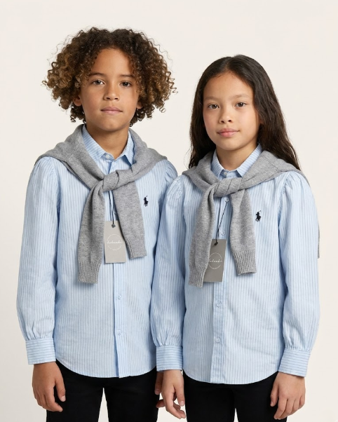 Polo Kids - Pinstripe Shirt & Grey Knit Sweater Set - Light Blue