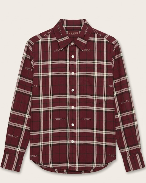 Gucci - Burgundy & White Plaid Button-Up Shirt with All-Over Logo Print