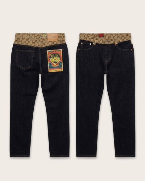 Gucci - Two-Tone GG Waistband Dark Denim Jeans - Tiger Appliqué