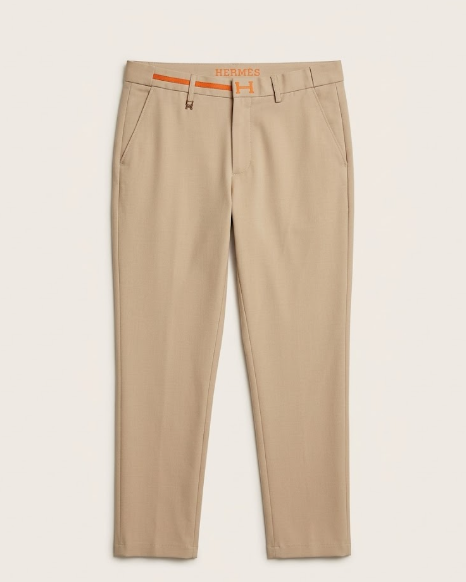Hermès - Classic Beige Tailored Trousers with Signature Orange "H" Detail