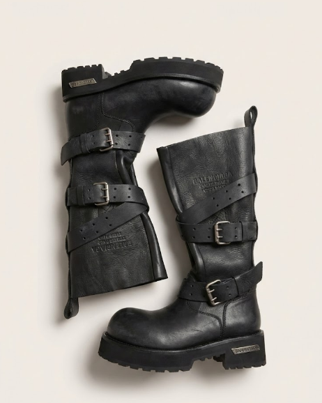 Balenciaga - Strike Distressed Leather Buckle Boots - Black