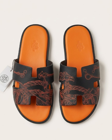Hermes - Izmir Sandals in Black and Orange Leather