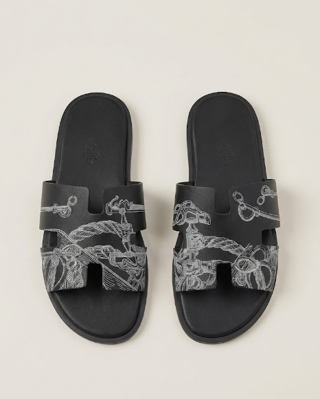 Hermes - Oran Sandal Black Calfskin with Nautical Rope & Hardware Print