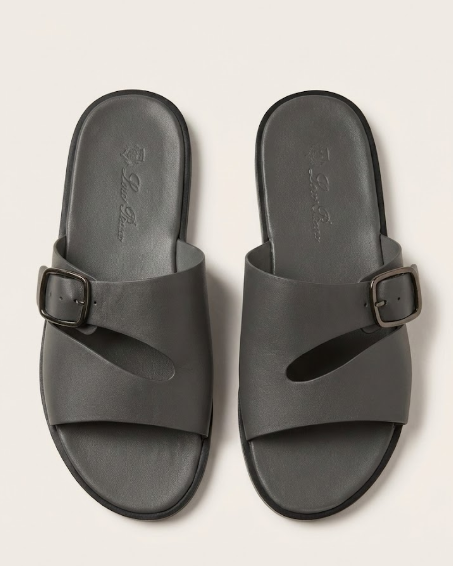 Loro Piana - Dark Grey Leather Buckle Slide Sandals
