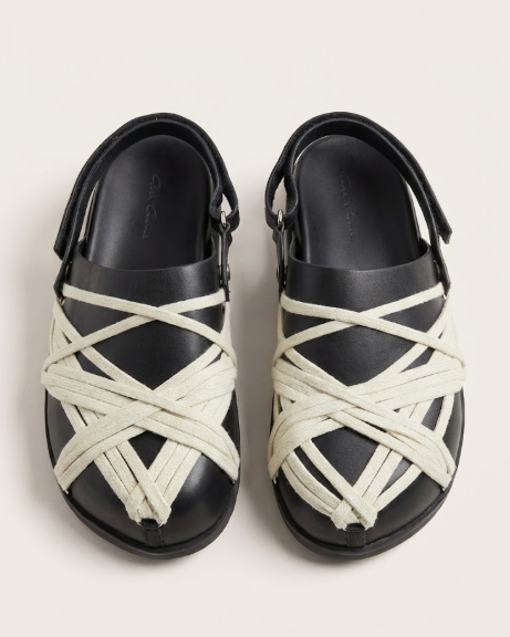 Rick Owens - Black Leather & Cream Rope Laced Sandals