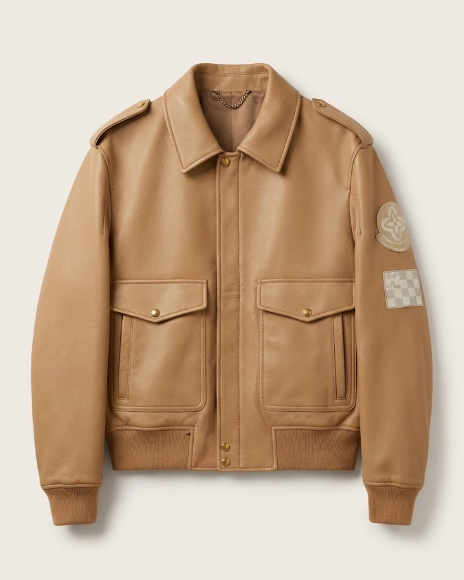 Louis Vuitton - Tan Beige Leather Bomber Jacket