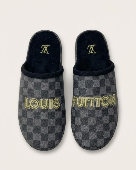 Louis Vuitton - Damier Graphite Gold Embroidered Slippers / Mules