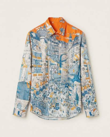 Hermès - Men's Architectural City Print Long-Sleeve Shirt - Orange & Blue