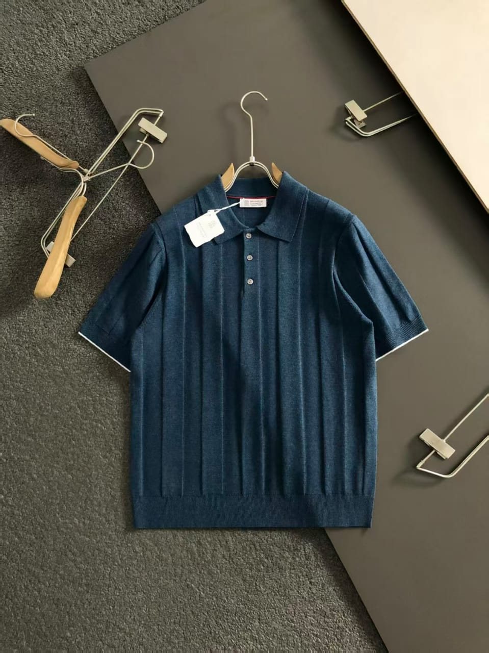 Brunello Cucinelli - Ribbed Knit Polo T-Shirt in Teal Blue image 2