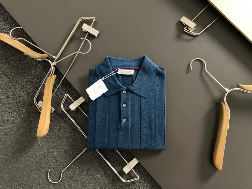 Brunello Cucinelli - Ribbed Knit Polo T-Shirt in Teal Blue image 5