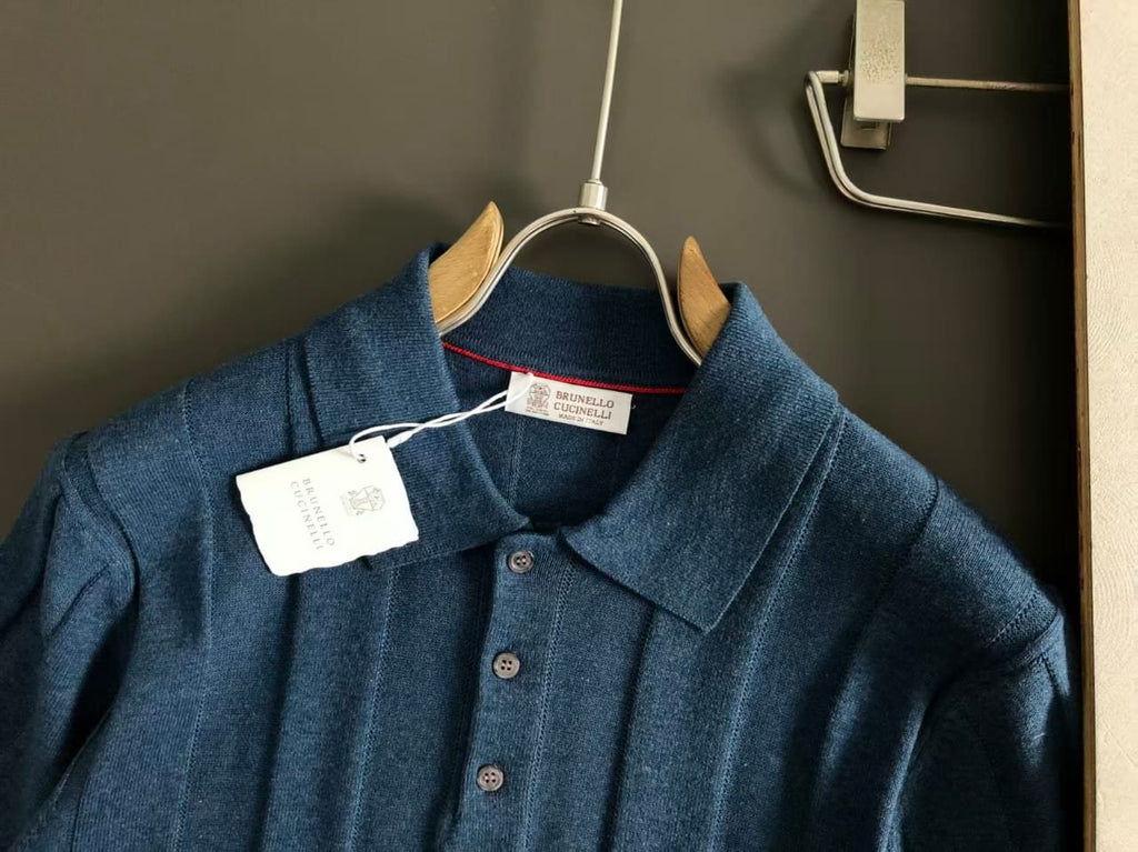 Brunello Cucinelli - Ribbed Knit Polo T-Shirt in Teal Blue image 9