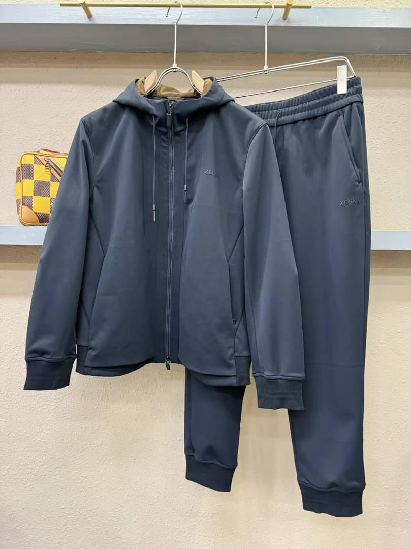 Zegna Men's Dark Blue Technical Fabric Hooded Zip-Up Jacket