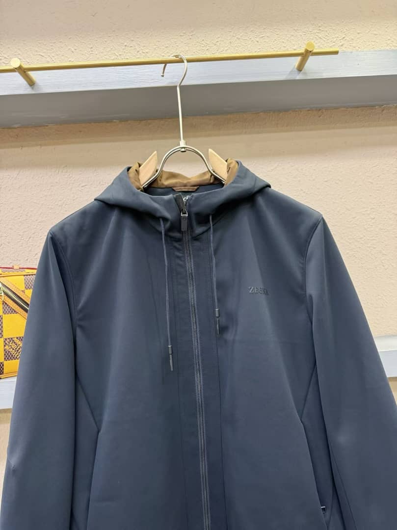 Zegna Men's Dark Blue Technical Fabric Hooded Zip-Up Jacket