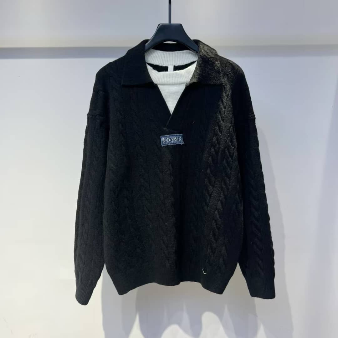 LOEWE Men's Black Cable Knit Polo Sweater