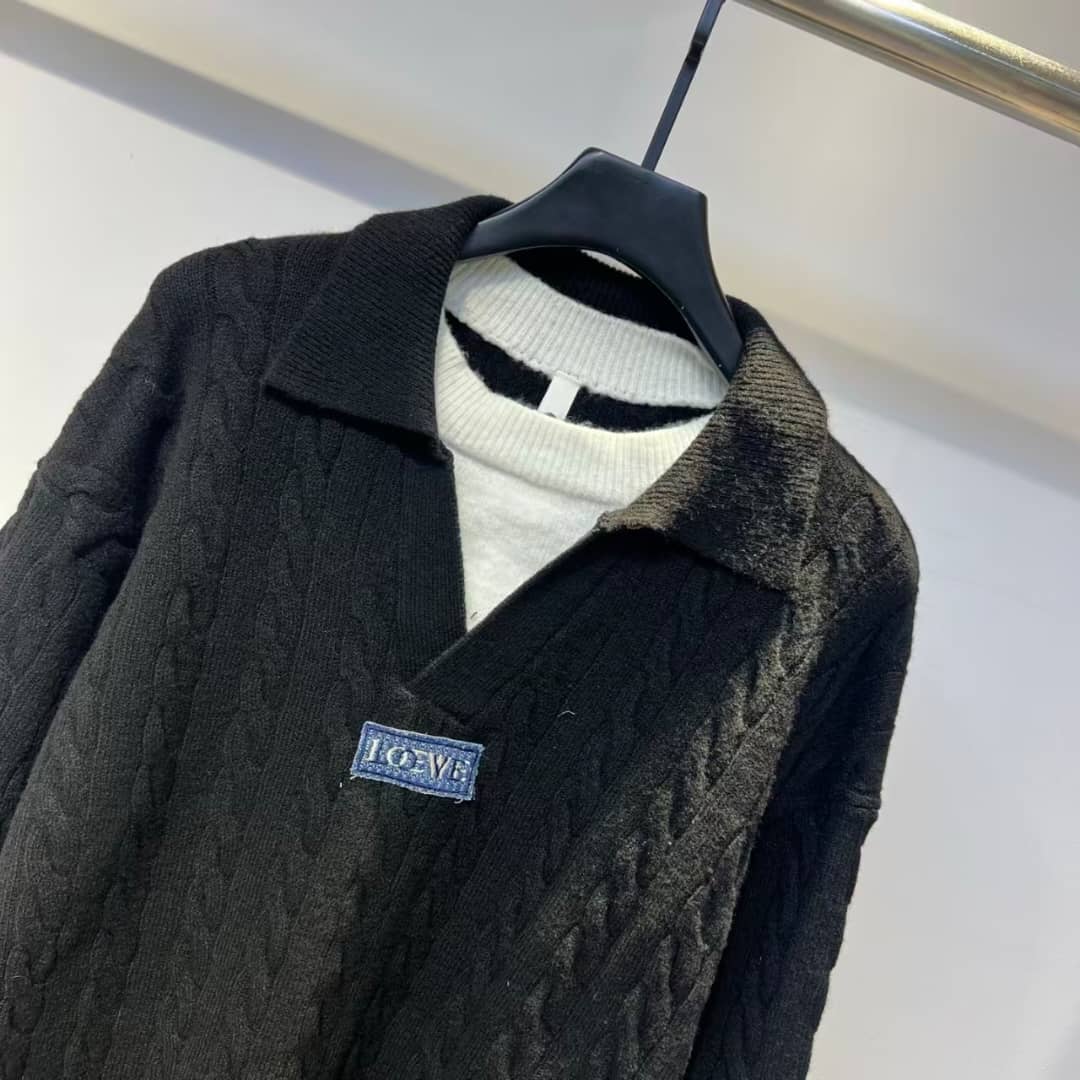 LOEWE Men's Black Cable Knit Polo Sweater