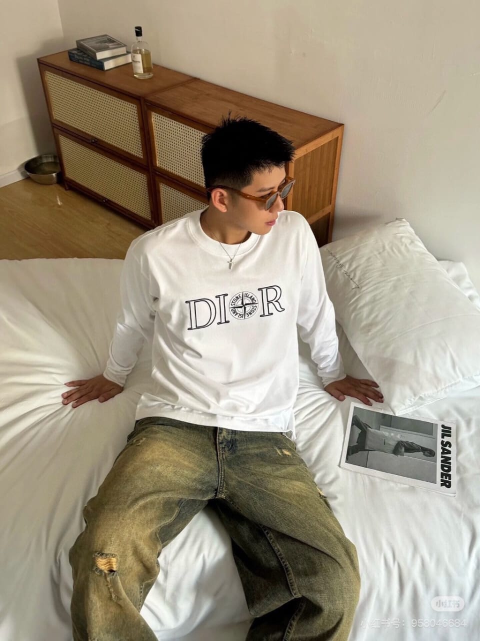 Dior x Stone Island Compass Logo White Long-Sleeve T-Shirt