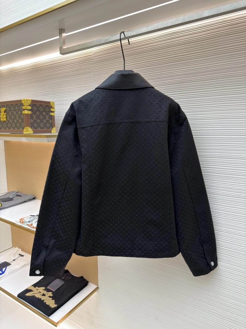 Louis Vuitton Men's Black Textured Luxury Jacket with Leather Collar