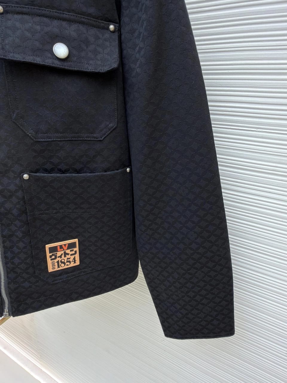 Louis Vuitton Men's Black Textured Luxury Jacket with Leather Collar