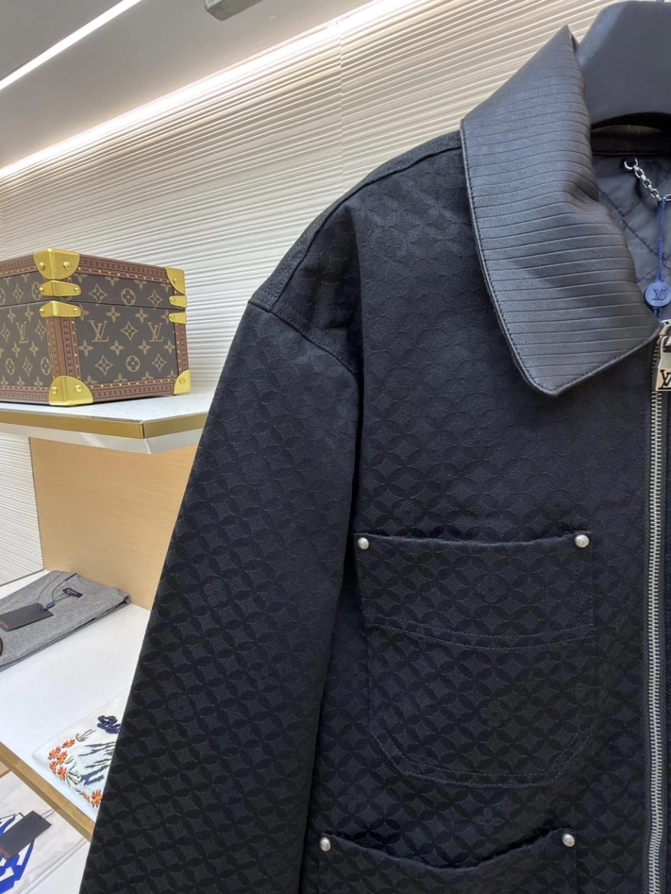 Louis Vuitton Men's Black Textured Luxury Jacket with Leather Collar