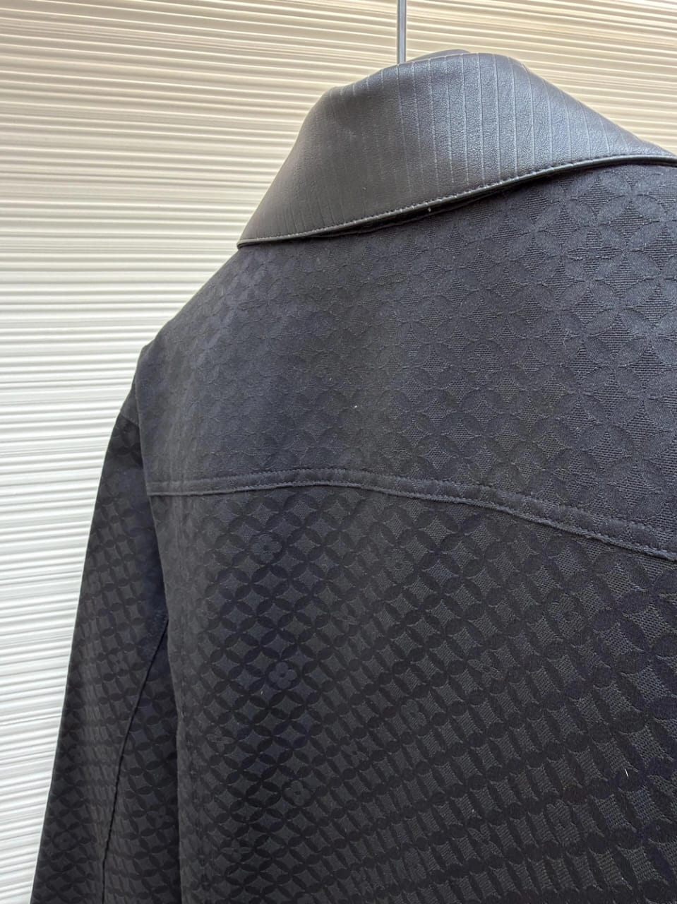 Louis Vuitton Men's Black Textured Luxury Jacket with Leather Collar