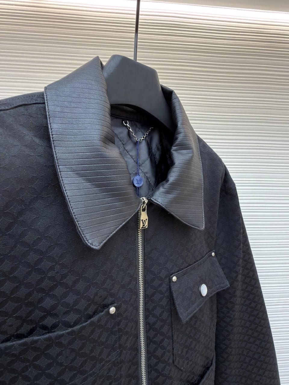 Louis Vuitton Men's Black Textured Luxury Jacket with Leather Collar