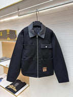 Louis Vuitton Men's Black Textured Luxury Jacket with Leather Collar