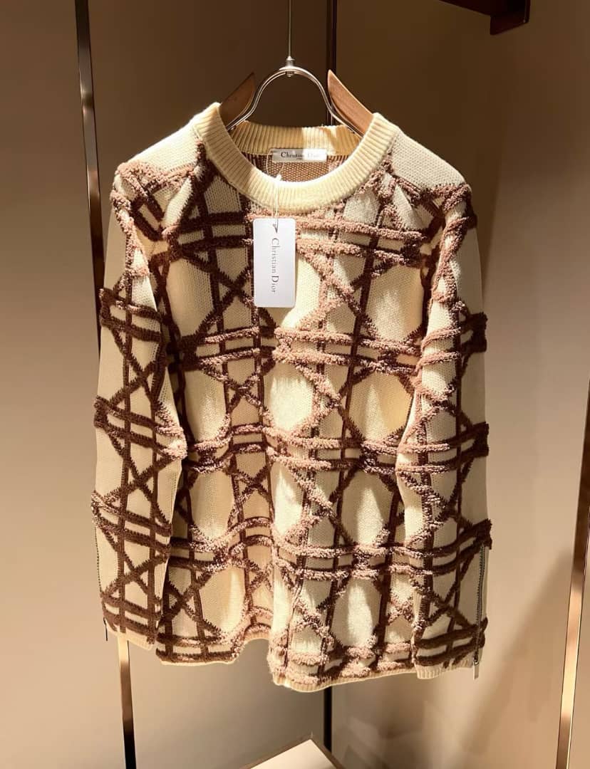 Christian Dior - Men's Cream & Brown Textured Cannage Knit Sweater