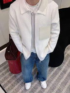 Men's White Waffle Knit Zip-Up Jacket with Leather Patch Detail