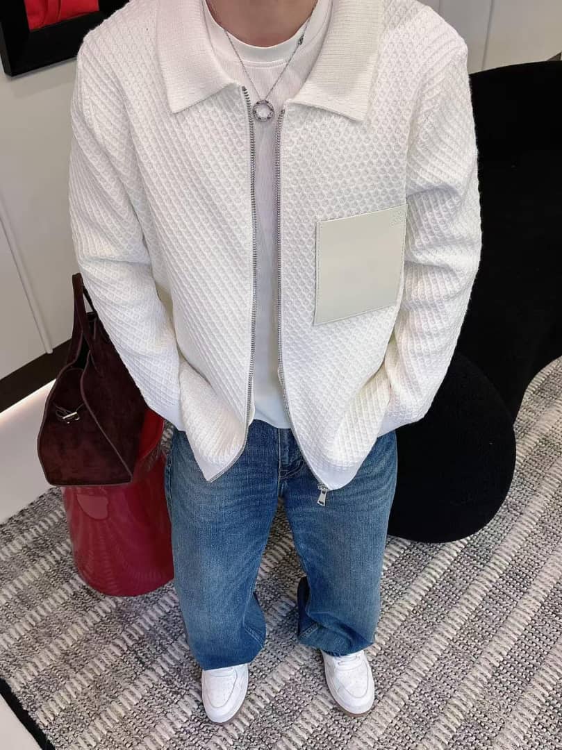 Men's White Waffle Knit Zip-Up Jacket with Leather Patch Detail