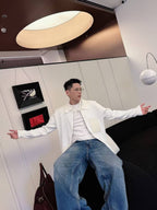 Men's White Waffle Knit Zip-Up Jacket with Leather Patch Detail