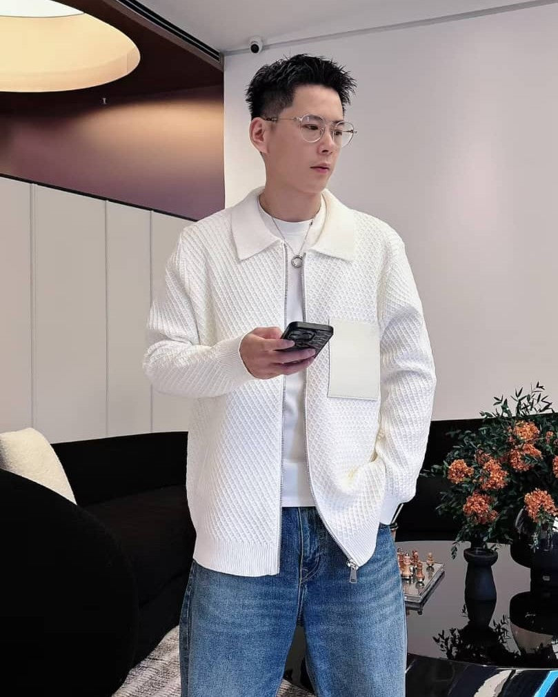 Men's White Waffle Knit Zip-Up Jacket with Leather Patch Detail