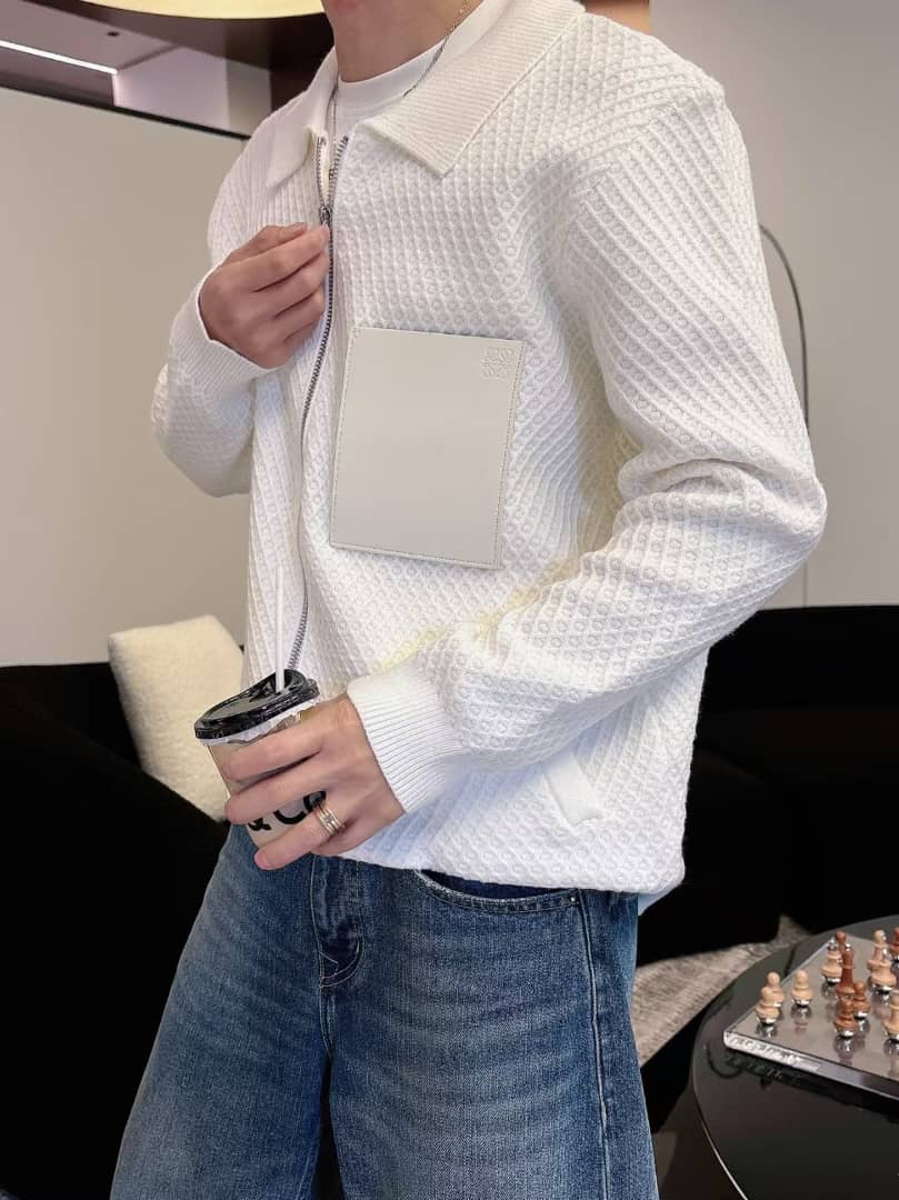 Men's White Waffle Knit Zip-Up Jacket with Leather Patch Detail