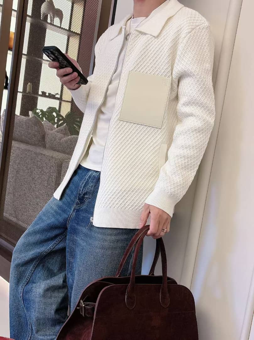 Men's White Waffle Knit Zip-Up Jacket with Leather Patch Detail