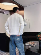 Men's White Waffle Knit Zip-Up Jacket with Leather Patch Detail